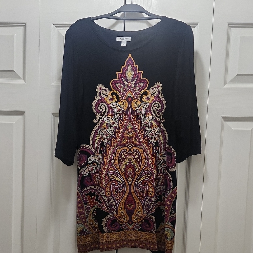 Cha Cha Vente Black Dress with Vibrant Paisley Design
